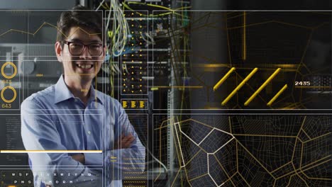 Animation-of-interface-with-data-processing-over-asian-male-engineer-smiling-at-computer-server-room