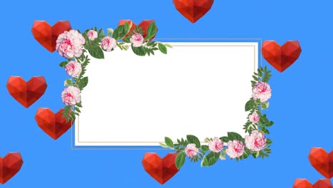 Animation-of-floral-banner-with-copy-space-over-red-heart-icons-floating-against-blue-background