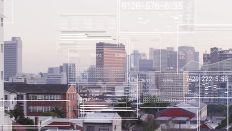 Animation-of-interface-with-data-processing-against-aerial-view-of-cityscape