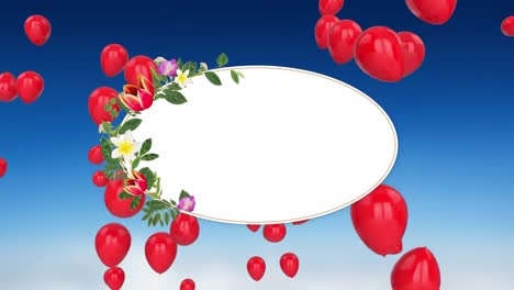 Animation-of-floral-banner-with-copy-space-over-balloons-floating-against-blue-gradient-background