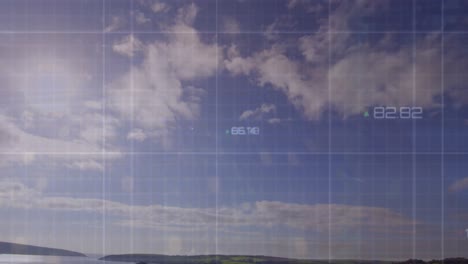Animation-Der-Datenverarbeitung-über-Ein-Gitternetz-Vor-Wolken-Am-Blauen-Himmel