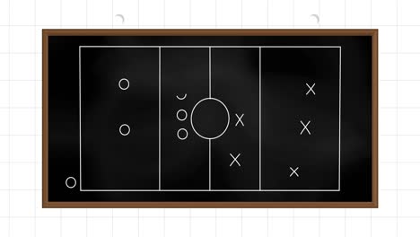 Animation-of-football-game-strategy-drawn-on-black-chalkboard-against-squared-lined-paper-background