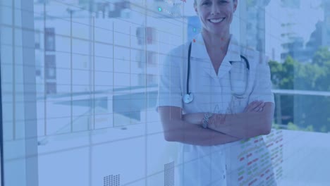 Animation-of-stock-market-data-processing-against-caucasian-female-doctor-smiling-at-hospital