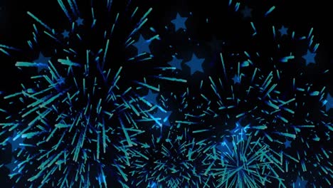 Animation-of-blue-star-icons-floating-over-fireworks-exploding-against-black-background