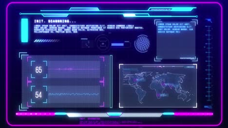 Animation-of-neon-interface-with-data-processing-against-blue-background
