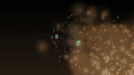 Animation-of-glowing-spots-floating-over-globe-of-digital-icons-against-black-background