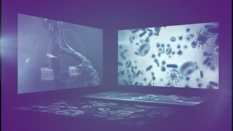 Animation-Von-Mit-Viren-Infizierten-Blutzellen,-DNA-Helix,-Computersprache-Vor-Abstraktem-Hintergrund