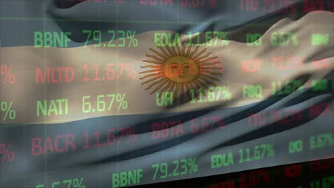 Animation-of-stock-market-data-processing-against-waving-argentina-flag