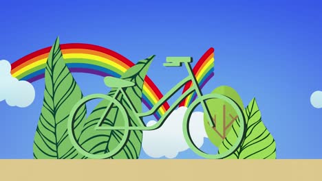 Animation-of-green-bike-and-leaves-over-rainbow-on-blue-background