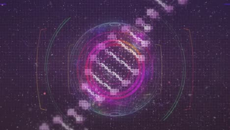 Animation-Von-DNA-Helix-Und-Schneefall-über-Würfeln-Und-Globus-Vor-Abstraktem-Hintergrund