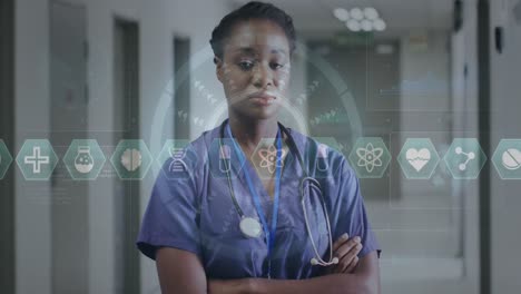 Animation-of-medical-data-processing-over-african-american-female-doctor