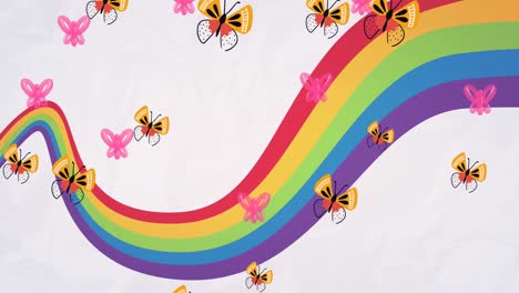 Animation-Von-Schmetterlingen,-Die-über-Einen-Regenbogen-Auf-Weißem-Hintergrund-Fliegen