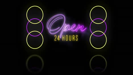 Animation-of-open-24-hours-text-over-neon-circles-on-black-background