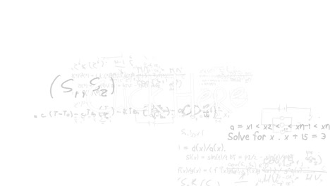Animation-of-click-here-text-banner-over-mathematical-equations-floating-against-white-background