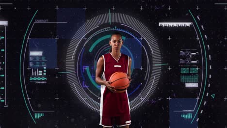 Animation-of-biracial-female-basketball-player-and-data-processing