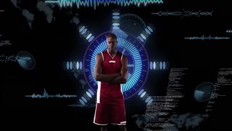 Animation-Eines-Afroamerikanischen-Männlichen-Basketballspielers-Und-Datenverarbeitung