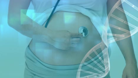 Animation-of-dna-strand-and-molecules-over-pregnant-woman-with-stethoscope