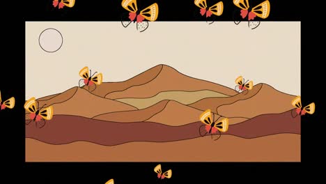 Animation-of-butterflies-flying-over-desert-with-black-frame-background