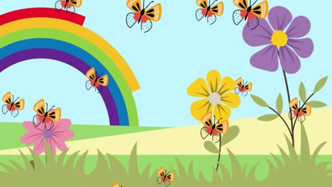 Animation-of-butterflies-flying-and-flowers-over-rainbow-on-blue-background