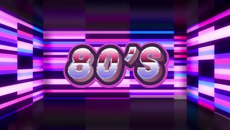 Animation-of-80's-text-over-colorful-shapes-on-black-background