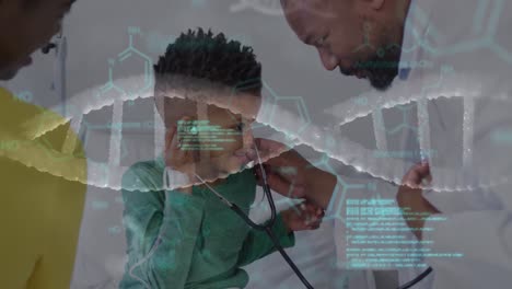 Animation-of-scientific-data-processing-over-african-american-male-doctor-with-boy-patient