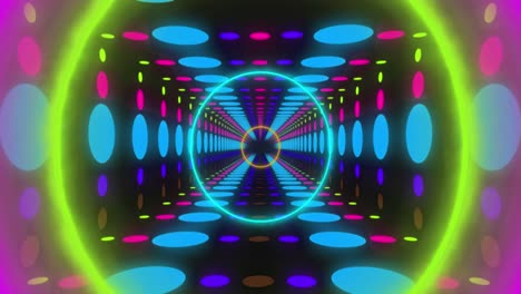 Animation-Von-Bunten-Neonkreisen-Und-Digitalem-Tunnel-Aus-Punkten-Auf-Schwarzem-Hintergrund