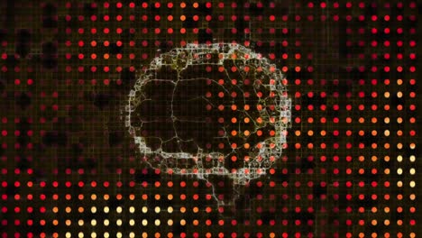 Animation-of-human-brain-icon-spinning-over-red-glowing-dots-pattern-design-against-black-background