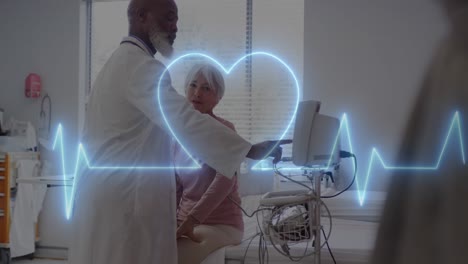 Animation-of-heart-beat-monitor-over-african-american-male-doctor-with-patient