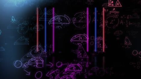 Animation-of-mathematical-equations-and-geometric-drawings-over-neon-stripes