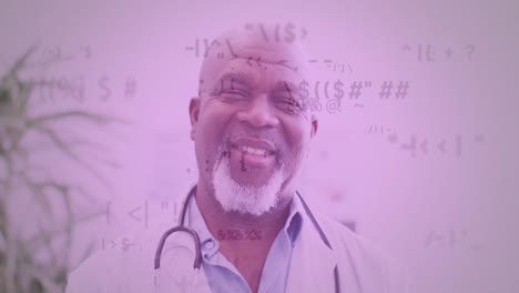 Animation-of-data-processing-over-smiling-african-american-male-doctor