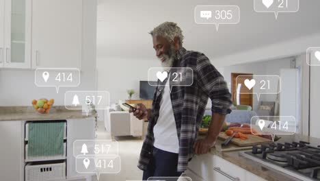 Animation-of-social-media-icons-and-data-processing-over-african-american-man-using-smartphone