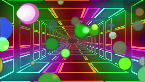 Animation-of-colourful-neon-spots-and-digital-tunnel-on-black-background