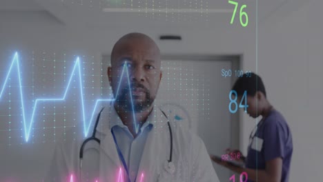 Animation-of-heart-beat-monitor-and-data-processing-over-african-american-male-doctor
