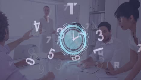 Animation-of-digital-clock-and-changing-numbers-over-diverse-coworkers-discussing-reports-in-office