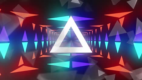 Animation-of-white-triangles-and-shapes-over-digital-tunnel-on-black-background