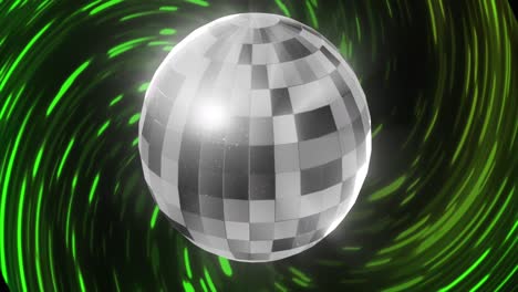 Animation-Einer-Discokugel-über-Lichtspuren-Auf-Grünem-Lichtspurhintergrund