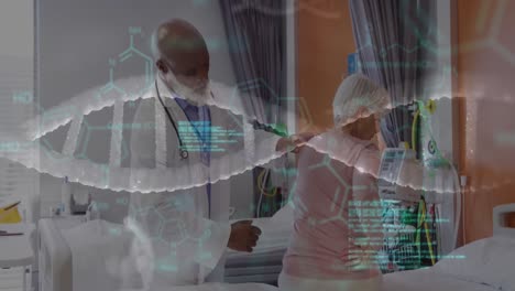 Animation-of-dna-strand-and-data-over-african-american-male-doctor-with-female-patient