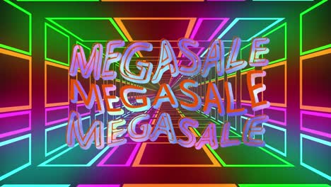 Animation-of-mega-sale-text-over-colorful-shapes-on-black-background