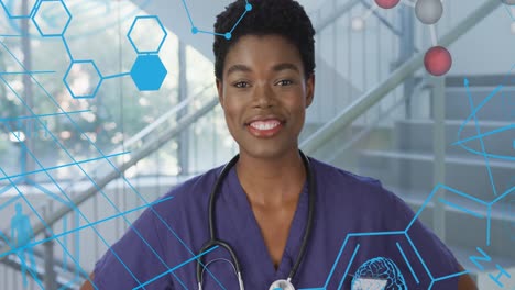 Animation-of-medical-data-processing-over-african-american-female-doctor-in-hospital