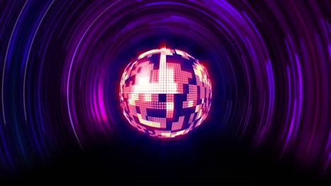 Animation-of-disco-ball-over-light-trails-on-purple-light-trails-background