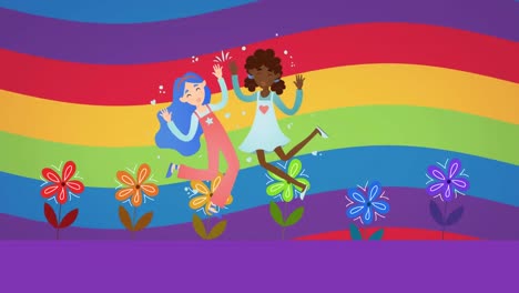 Animation-Eines-Weiblichen-Paares,-Das-über-Regenbogenblumen-Und-Regenbogenhintergrund-Tanzt