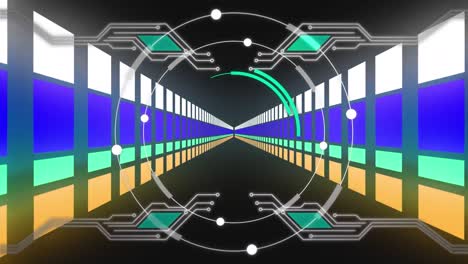 Animation-Des-Scope-Scannens-Und-Der-Datenverarbeitung-über-Einem-Neontunnel