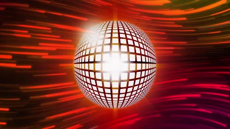 Animation-of-disco-ball-over-light-trails-on-red-and-orange-light-trails-background