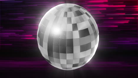 Animation-of-disco-ball-over-light-trails-on-pink-and-purple-light-trails-background