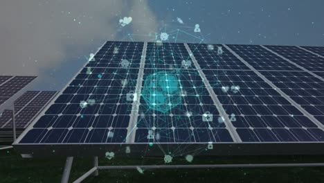 Animation-of-globe-with-network-of-connections-over-solar-panels