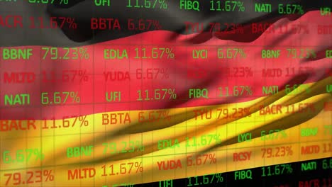 Animation-of-trading-board-over-waving-flag-of-germany-in-background