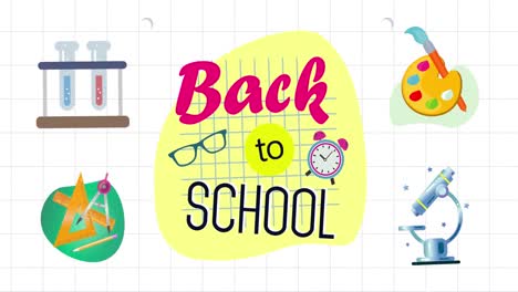 Animation-Von-„Back-To-School“-Texten-Und-Schulartikel-Symbolen-Auf-Weißem-Hintergrund