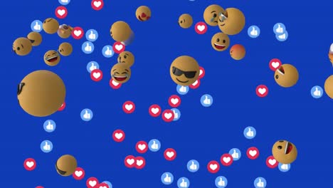 Animation-of-3d-emoticons-over-floating-icon-in-circles-against-blue-background