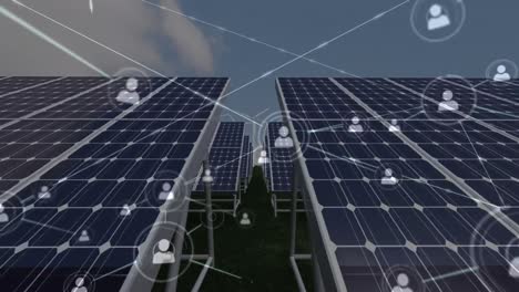 Animation-of-network-of-connections-with-icons-over-solar-panels