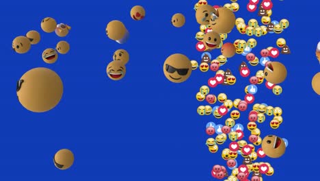 Animation-Von-Emoji-Symbolen,-Die-über-Blauem-Hintergrund-Schweben